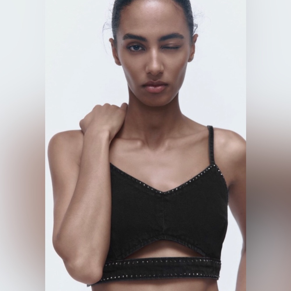 Zara Black Rhinestone Denim Crop Top
